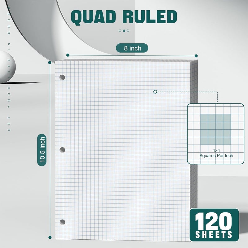 Vishoitty 360 Sheets Quad Ruled Graph Paper, 3 Hole Punch Paper 8 x 10.5 White, Loose Leaf Graph Paper,Filler Paper 4 x 4 Graph Rule, Notebook Paper for 3 Ring Binder, Engineering Paper for School Home Business - Image 3